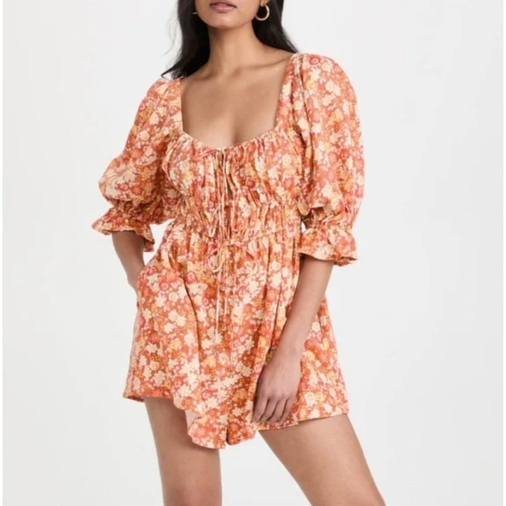Free‎ People Floral Romper Size XS Orange Boho Cottagecore Summer Festival Vacay